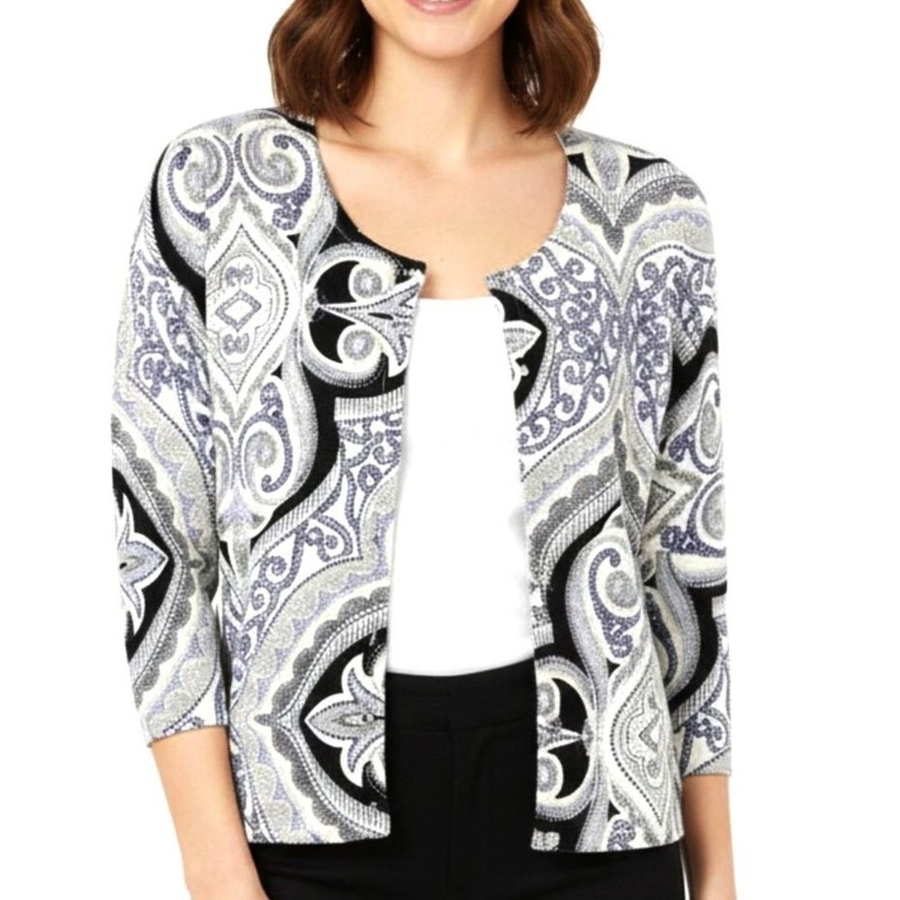 White House Black‎ Market Womens M Geometric Cardigan Blue White Rhinestone Knit